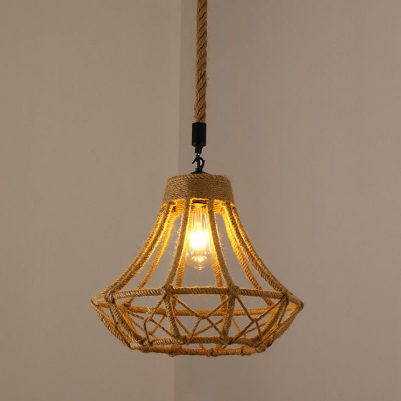 Hemp Rope Caged Hanging Light Vintage Single-Bulb Restaurant Lighting Pendant in Brown