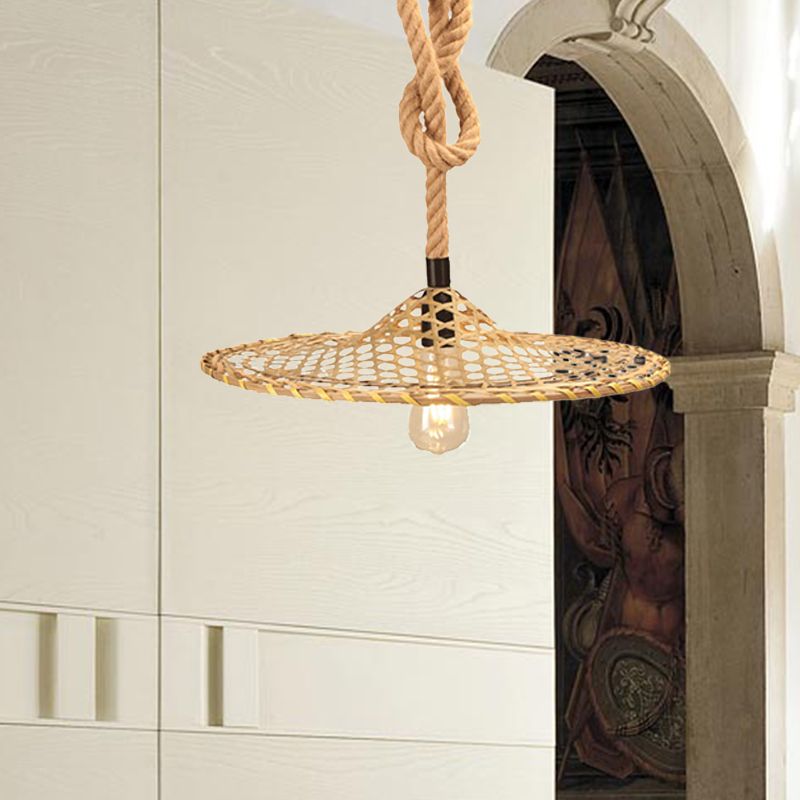 1 Bulb Flat Bamboo Hat Pendant Countryside Beige Rope Hanging Ceiling Light with Knots Design