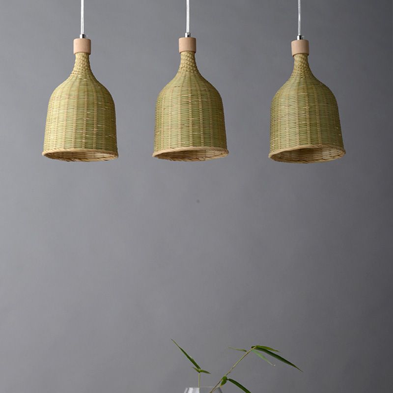 1 Head Bedroom Down Lighting Asian Flaxen Pendant Light Fixture with Cylinder Bamboo Shade