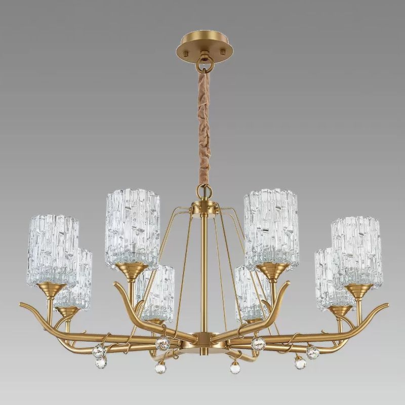 3/6/8-Light Hand-Blown Textured Glass Chandelier Postmodern Brass Cylinder Dining Room Hanging Ceiling Light