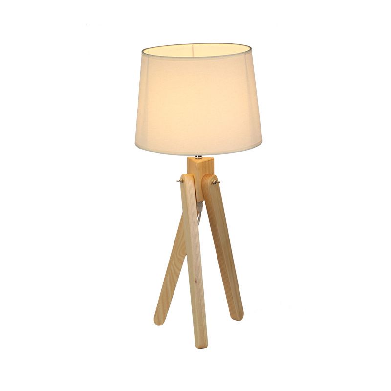 White Tapered Shade Night Lamp Nordic 1 Head Fabric Table Lighting with Wood Telescope Stand