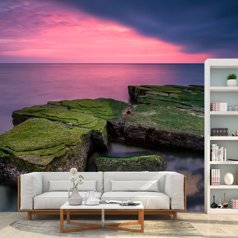 Pink-Blue Sunset Ocean Mural Decal Stone with Grass Modern Waterproof Wall Covering