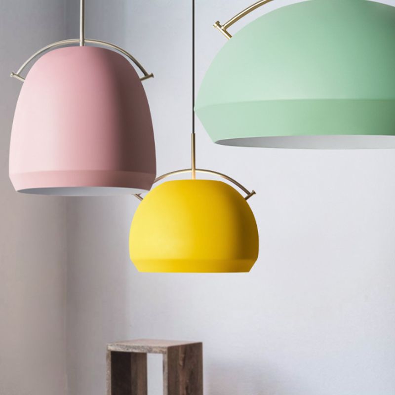 Aluminum Dome/Bell Drop Lamp Macaron 1 Bulb Hanging Pendant Light in Yellow/Pink/Blue with Curved Handle