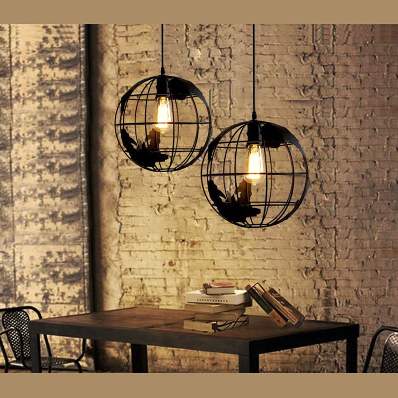 Industrial Orb Single Pendant Light Globe Metal Cage Shade Hanging Lamp for Coffee Shop