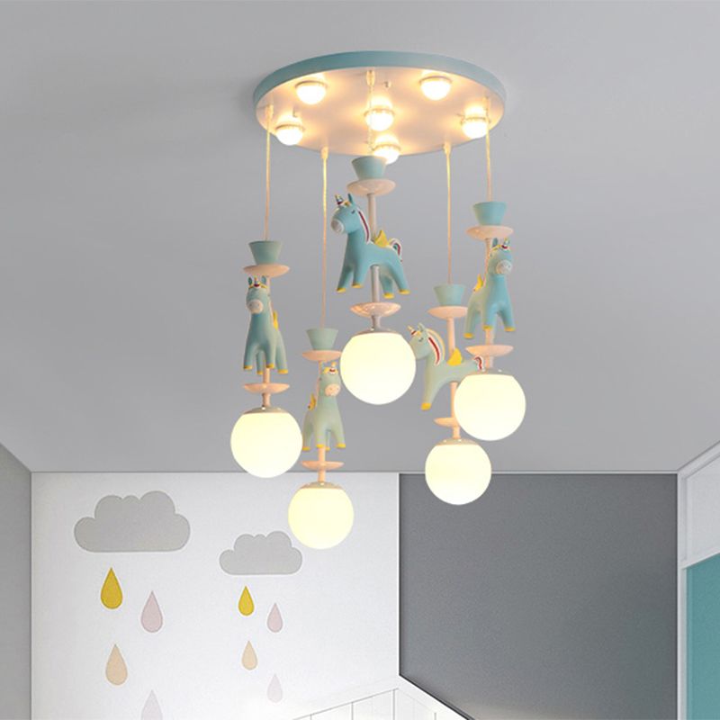 Merry-Go-Round Multi Ceiling Lamp Kids Metallic Nursery Suspension Light Fixture with Unicorn Decor