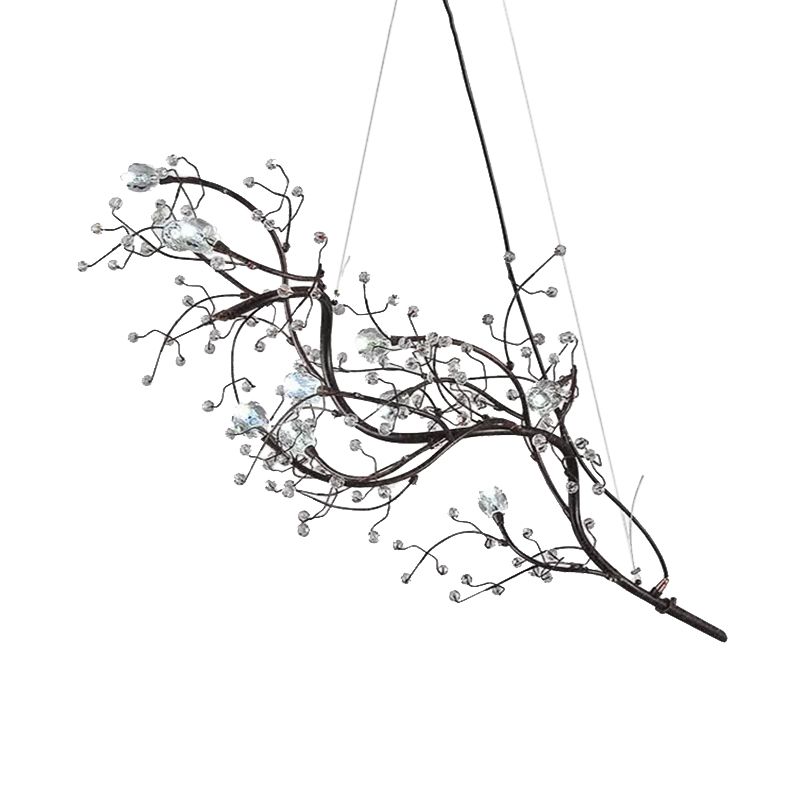 Chandelier de branche mince métallique avec perle en cristal 10 lumières Lumière de suspension romantique pour la boutique