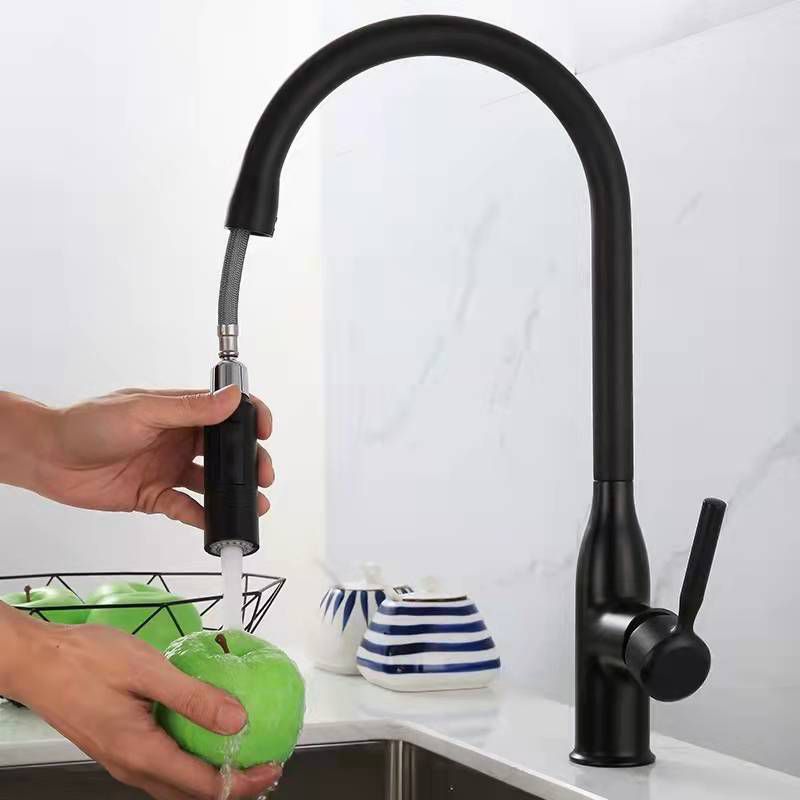 Contemporary Faucet Copper Single Handle High Arc Retractable Faucet for Kitchen