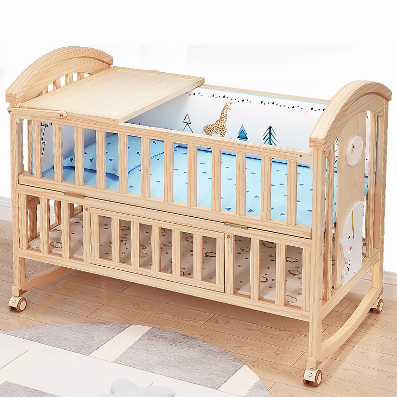 Pine Convertible Baby Crib Height Adjustable Crib with Guardrail