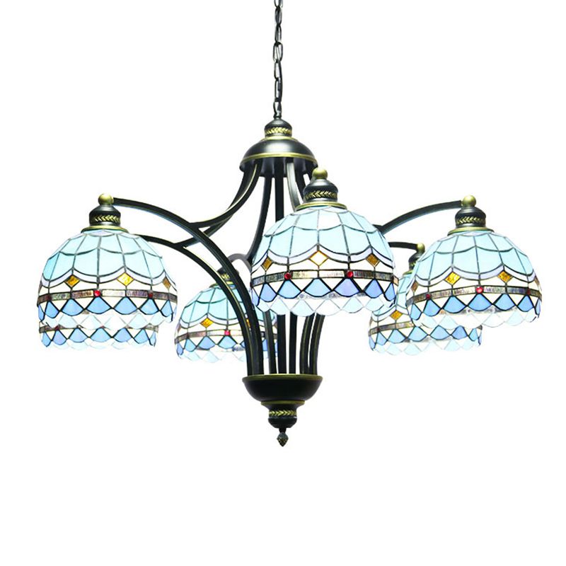 Blue Stained Glass Tiffany Chandelier 6-light 23.5" Wide Living Room Hanging Light with Adjustable Chain