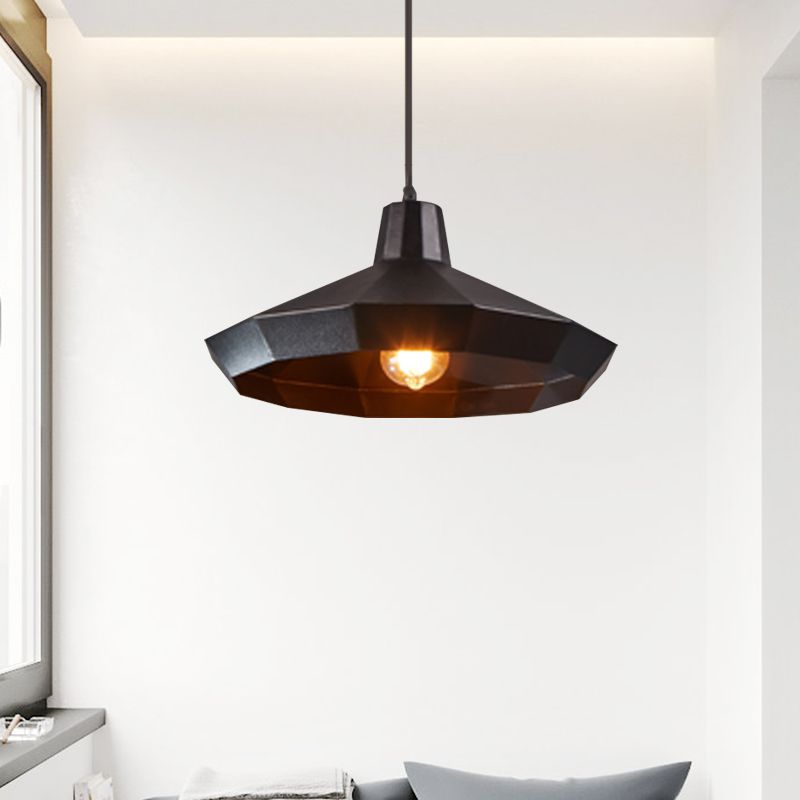 Single Hanging Light Fixture Warehouse Faceted Barn/Diamond/Tapered Iron Pendant Lamp in Black