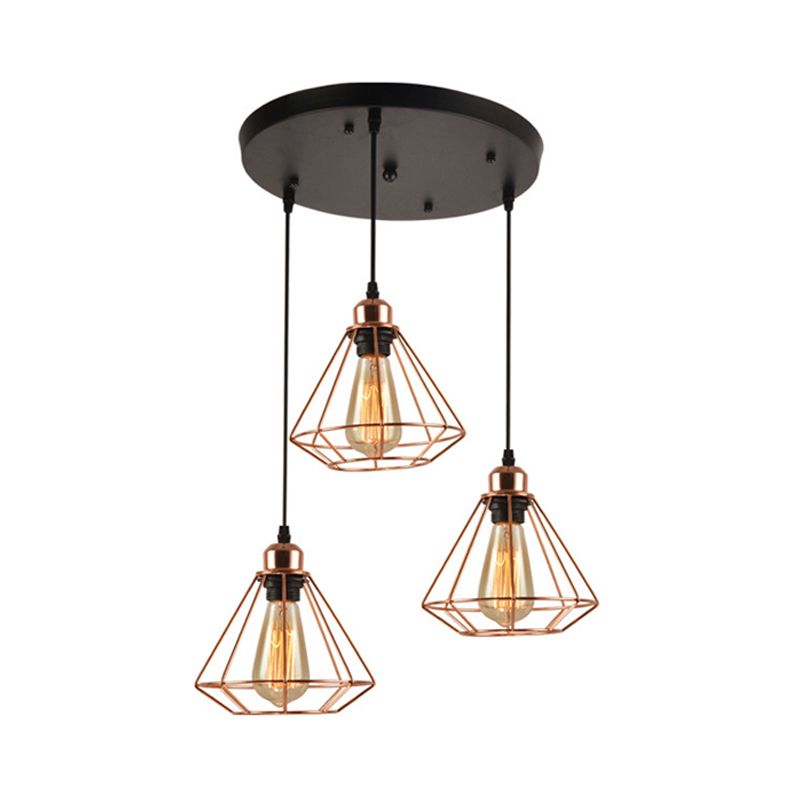 3 Heads Multi Hanging Light Iron Loft Style Dining Room Ceiling Lamp with Diamond Cage and Round/Linear Canopy, Rose Gold