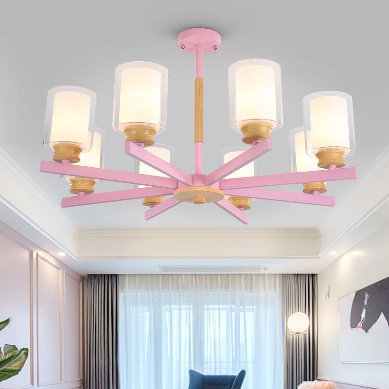 Macaron Cylinder Chandelier Pendant Light Milk Glass 3/5/6 Lights Hanging Ceiling Light in Pink/Yellow/Green for Living Room