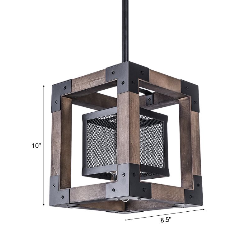 Brown Wire Mesh Pendant Light Industrial Metal One Bulb Living Room Hanging Lamp with Square Shade