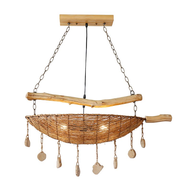 Asian Boat Shape Ceiling Chandelier Bamboo Rattan 2 Heads Restaurant Suspension Lamp in Flaxen with Wood Accent