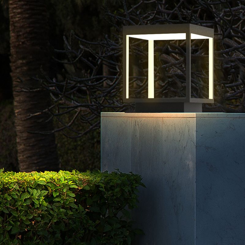Rectangular Shape Metal Solar Pillar Lamp Modern Style 1 Light Outdoor Light in Black