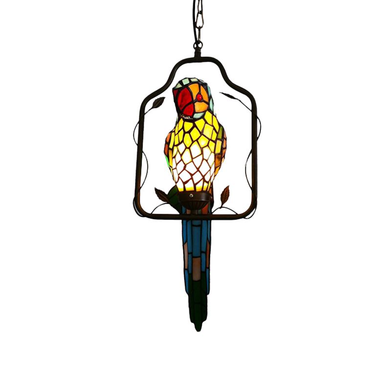 1 Bulb Parrot Wall Sconce Baroque Blue Cut Glass Long Feather Wall Light Fixture with Perch Swing