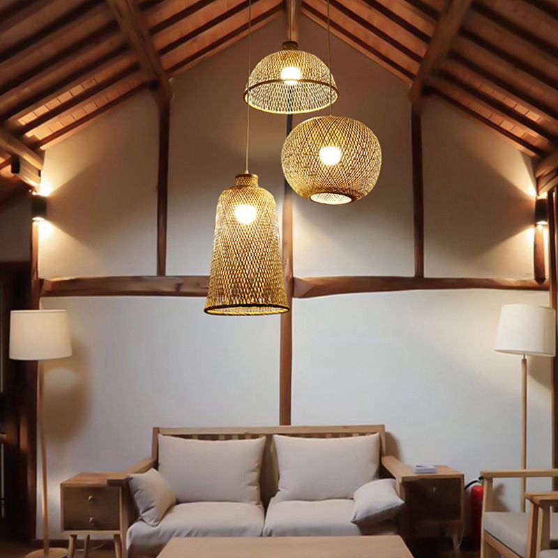 3 luci a ciondolo a ciondolo in stile asiatico multipli la luce sospesa con tonalità intrecciata di bambù