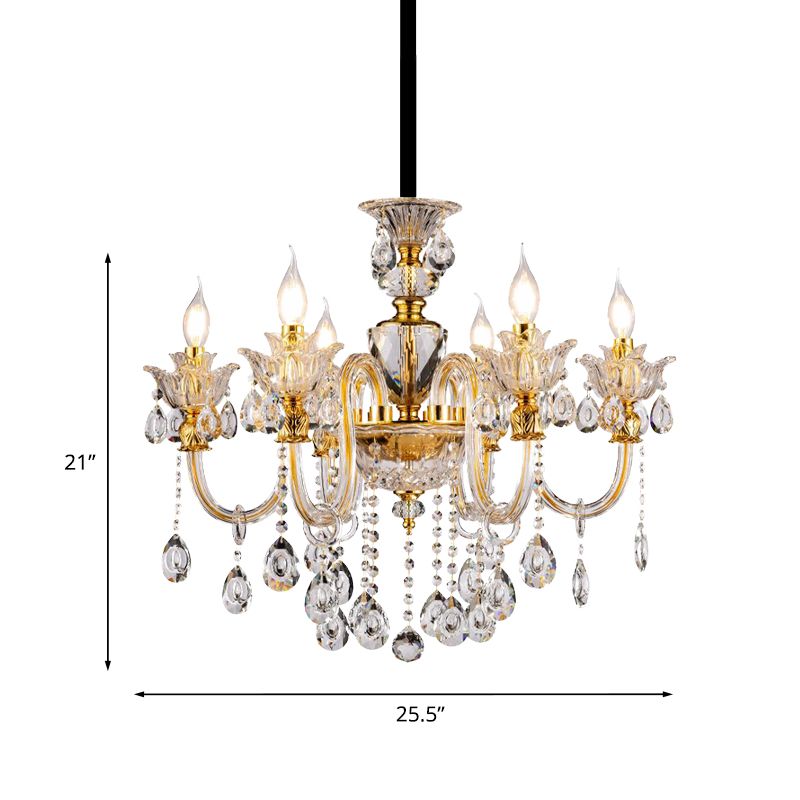 Mid-Century Candle Chandelier 6 Heads Clear Crystal Suspension Pendant Light in Gold for Bedroom