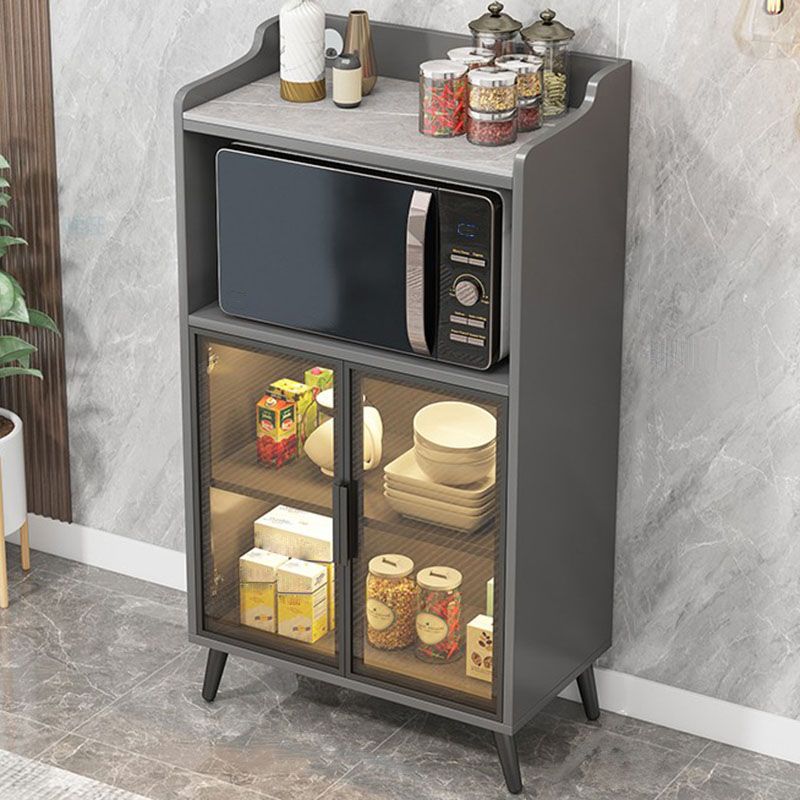 Gray Stone Sideboard Glass Doors Glam Indoor Dining Server with Cabinets