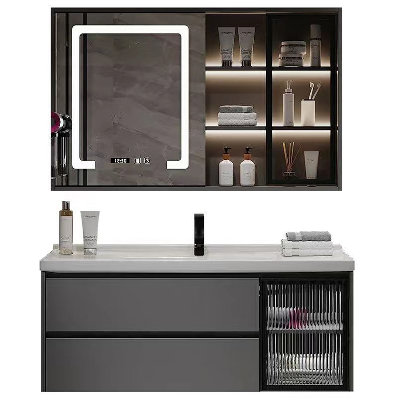 Wall Mount Bath Vanity Grey Metal Frame Mirror Single Sink Bathroom Vanity with Drawers