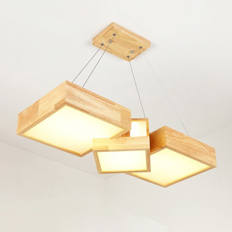 Pendard moderne Rhombus / Square Pendre en bois en bois à 3 légers Plafond de chambre à coucher en bois chaud / blanc