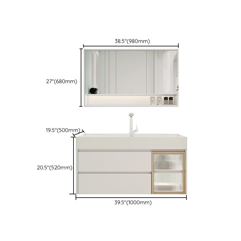 White Bathroom Vanity Mirror Rectangle Single Sink Wall Mount 2 Drawers Vanity with Door