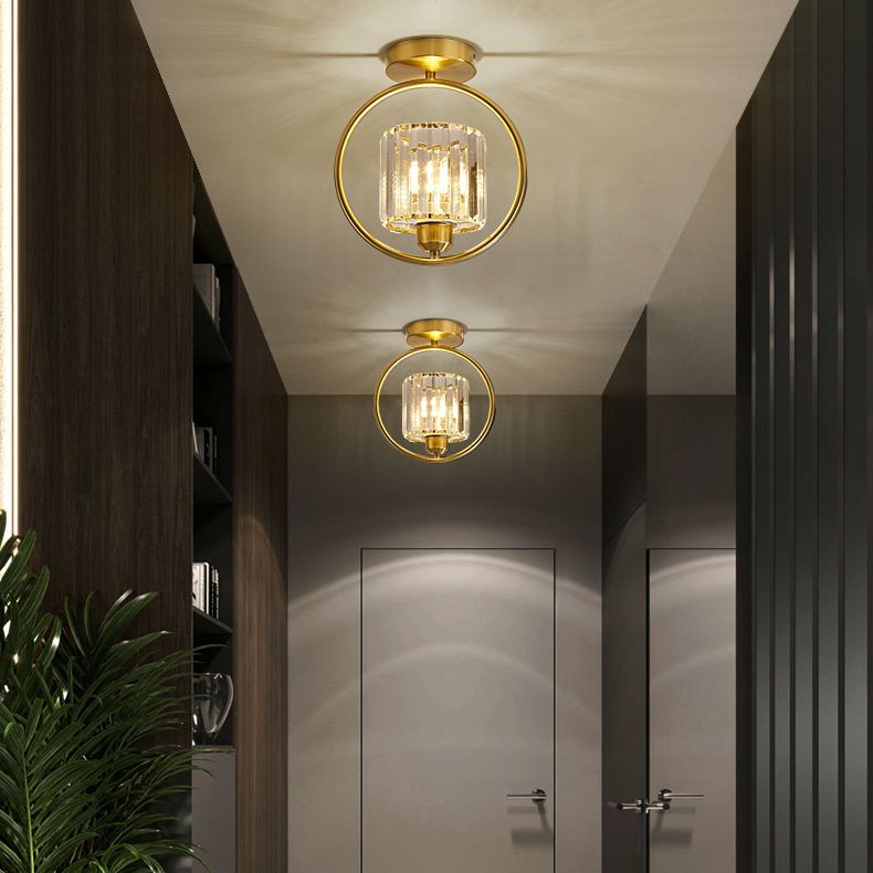 Cylinder Shape Flush Lights Modern Style Crystal 1 Light Flush Mount Fixture in Black/Gold