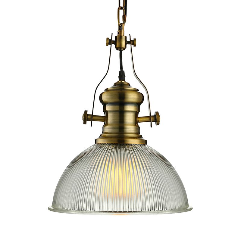 12"/15" Wide Dome Pendant Light Industrial 1 Light Ribbed Glass Hanging Lamp in Brass for Dining Room