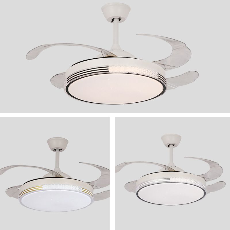 Retractable LED Ceiling Fan Modernism Drum Fan Light in White Finish