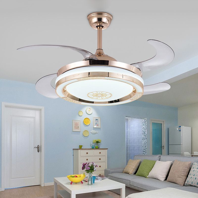 42" Width Circle Living Room Fan Lighting Contemporary Metal LED Gold Semi Flush Ceiling Light with 4 Blades, Remote/Wall Control/Remote and Wall Control