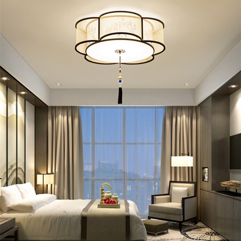 New Chinese Style Ceiling Light Geometry Shape Ceiling Lamp with Fabric Shade for Bedroom