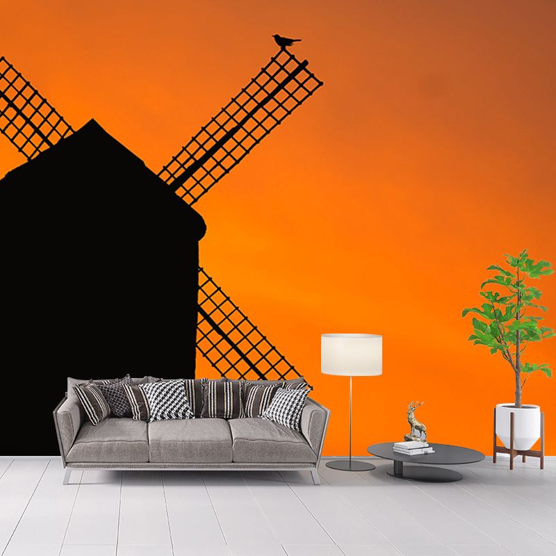 Bright Color Mural Wallpaper Small Town Windmill Mildew Resistant Wall Decor