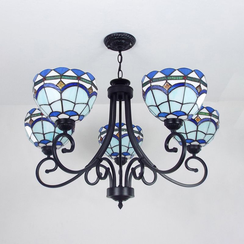 Illuminazione a sospensione ciotola mediterranea 5 luci macchiate di vetro appendere il soffitto in blu