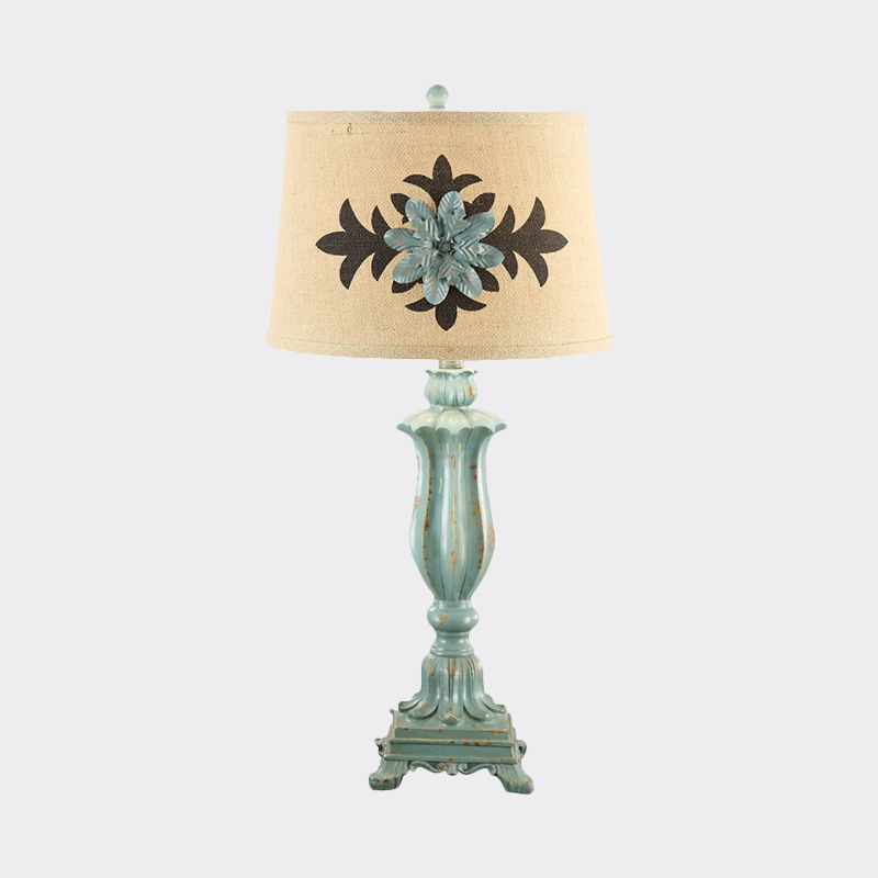 Blue Single-Bulb Table Lamp Countryside Flower Patterned Fabric Round Shade Night Stand Light