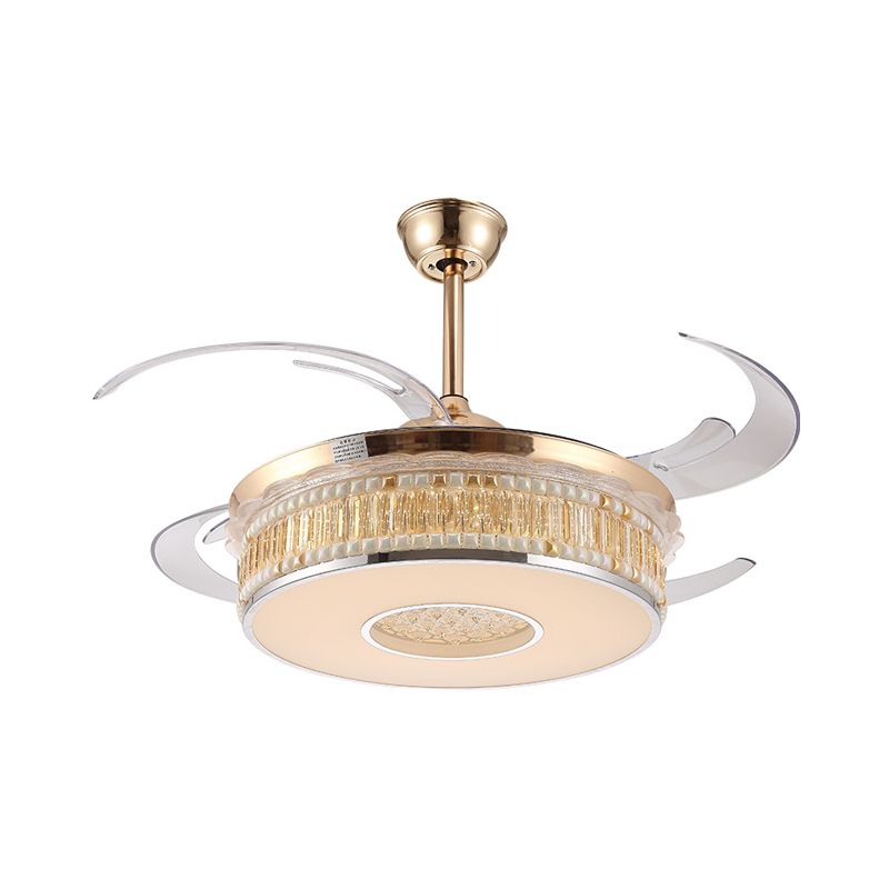 Gold Circular Hanging Fan Lighting Metal LED Bedroom Semi Flush Mount Ceiling Light with 4 Clear Blades, 42" Width