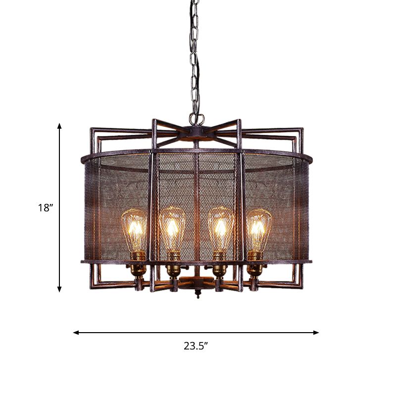 Metal Mesh Drum Chandelier Lighting Rustic Loft Multi Light Farmhouse Hanging Lamp in Rust