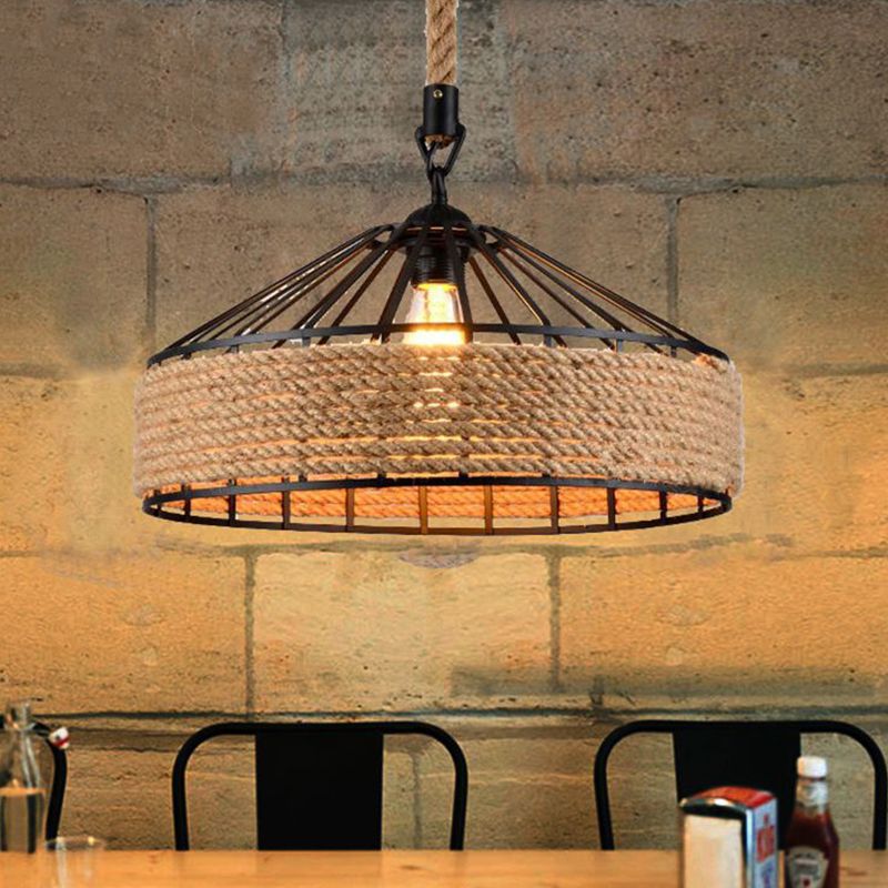 Metal Beige Hanging Light Fixture Drum Industrial Pendant Light Fixture for Dinning Room