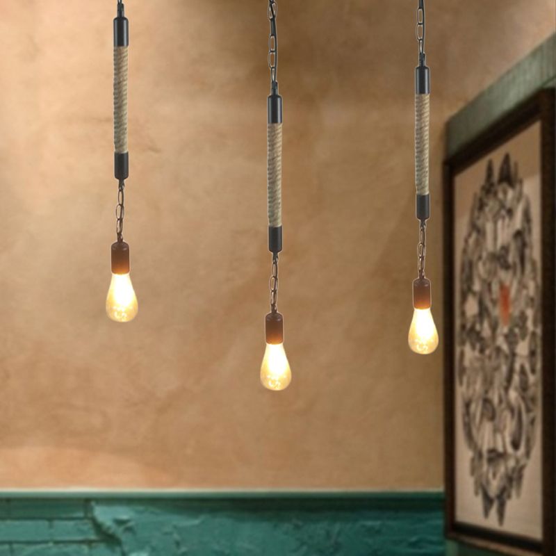 1 Light Bare Bulb Pendant Lighting Industrial Black Finish Hemp Rope Hanging Light Fixture for Restaurant