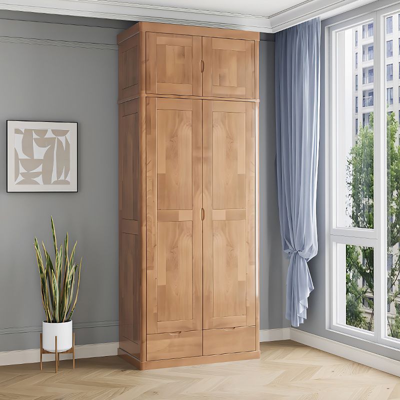 Rubberwood Solid Wood Wardrobe Contemporary Wardrobe with 2 Soft Close Drawers