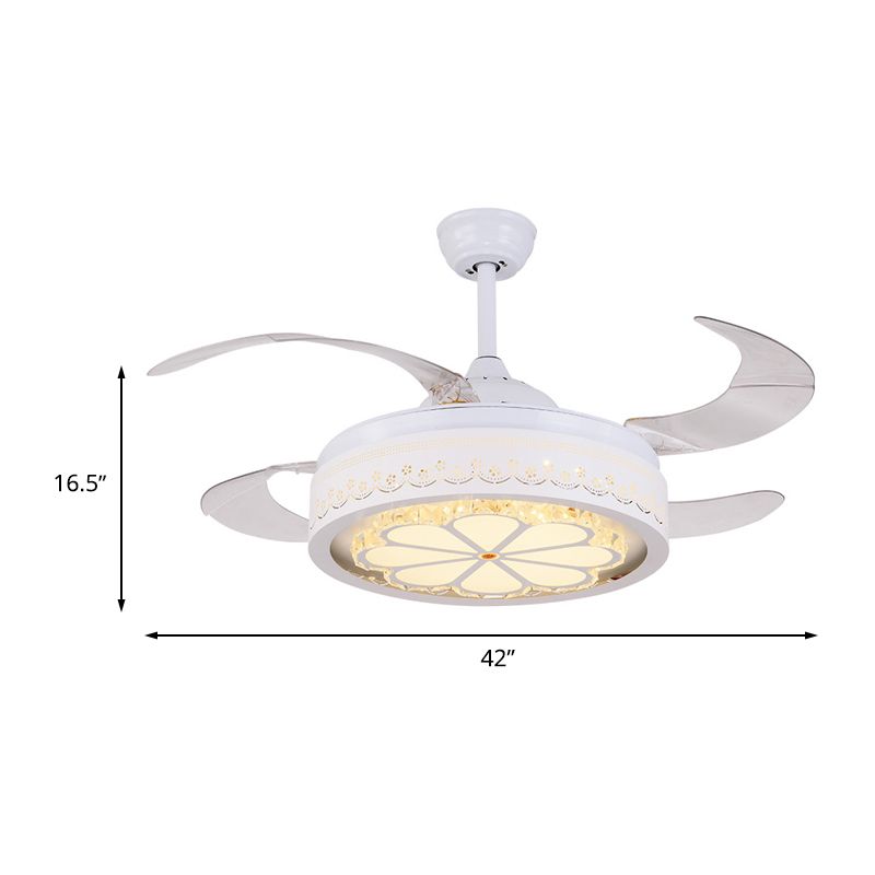 Flower Crystal Ceiling Fan Lighting Modern LED Living Room Semi Flush Light in White with 4 Clear Blades, 42" Wide