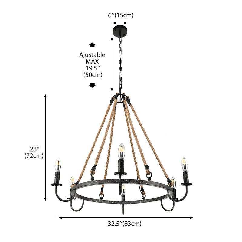 Vintage Kerze Kronleuchterlampe mit offener Glühbirne 6 Köpfe Metall und Seildecke Anhängerlampe in Schwarz/Rost für das Restaurant