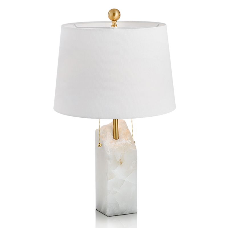 Fabric Tapered Drum Nightstand Lamp Minimalistic Single-Bulb White Pull Chain Table Lighting with Mica Base