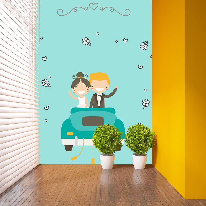 Aqua Couples Pattern Mural Cartoon Childrens Art Stain Resistant Wall Decoration for Bedroom