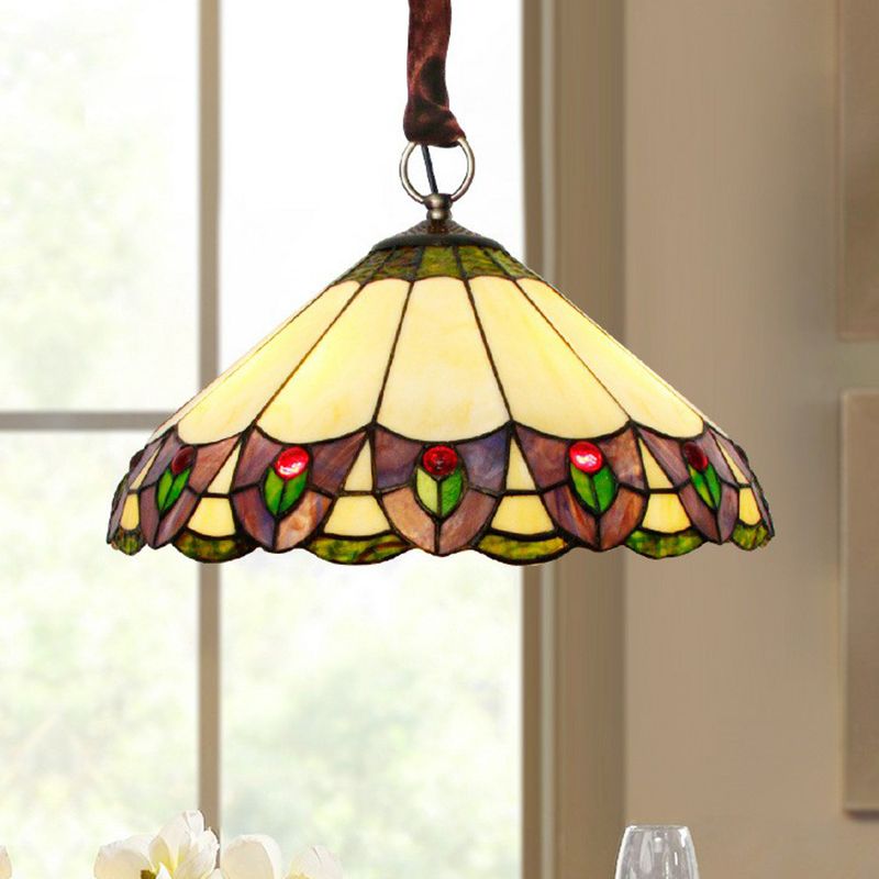 Mission Conical Pendant Chandelier 3-Light Stained Glass Hanging Light in Beige for Dining Room