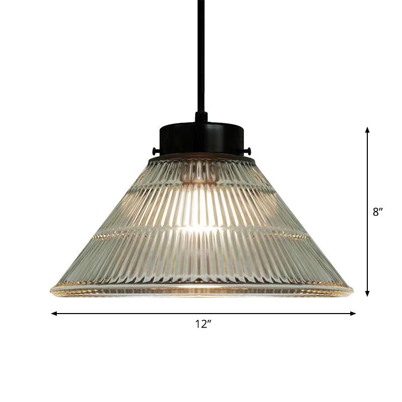 Tapered Clear Ribbed Glass Suspension Lighting Retro Style 1 Head Restaurant Pendant Ceiling Light