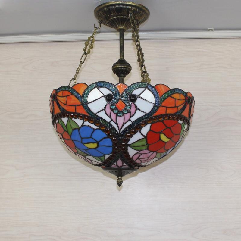 Multi-Color Hanging Ceiling Light Victorian Stained Glass Bowl Shaped Chandelier Lighting Fixture