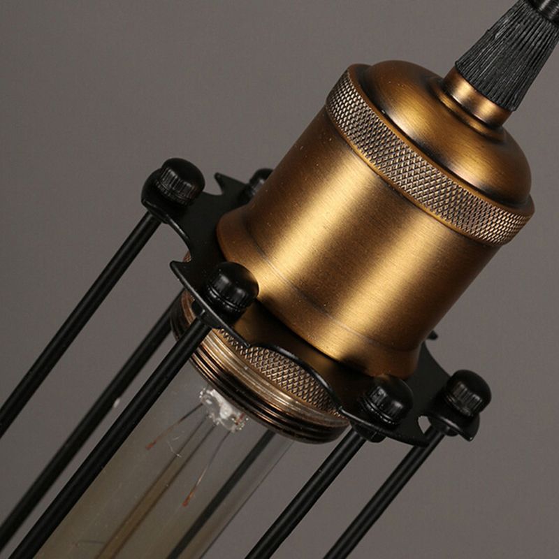 1 Head Tubed Pendant Lighting with Cage Shade Industrial Brass Finish Metal Hanging Ceiling Light