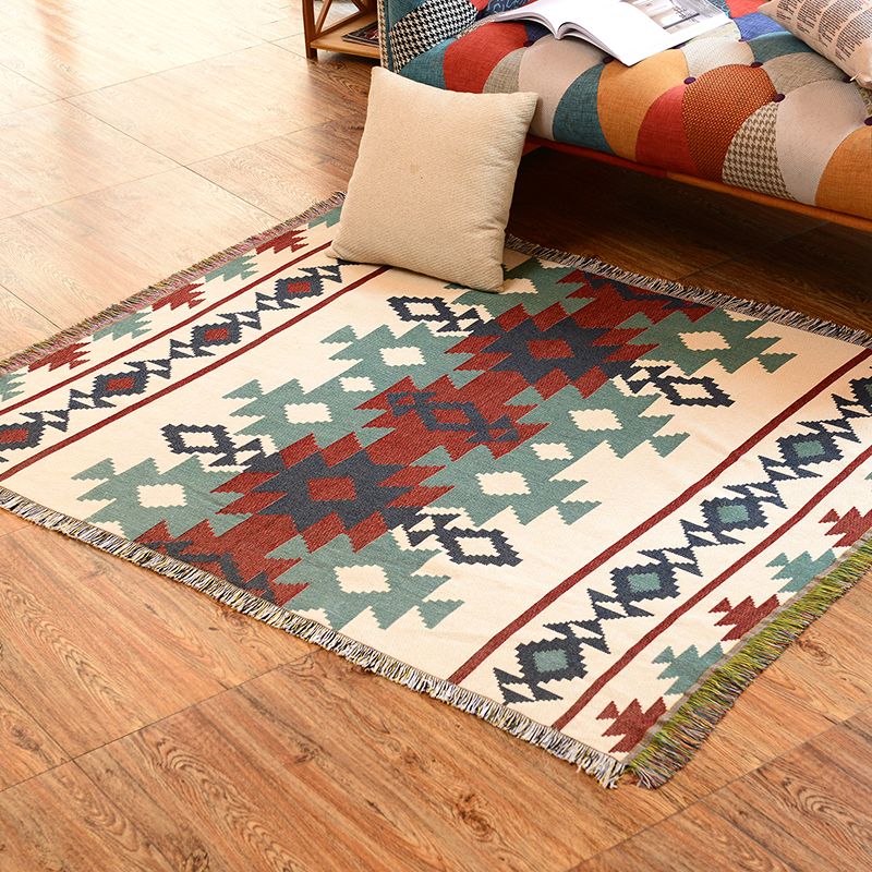 Bohemian Indian Tribal Print Rug Multi Colored Cotton Carpet Pet Friendly Washable Rug for Living Room