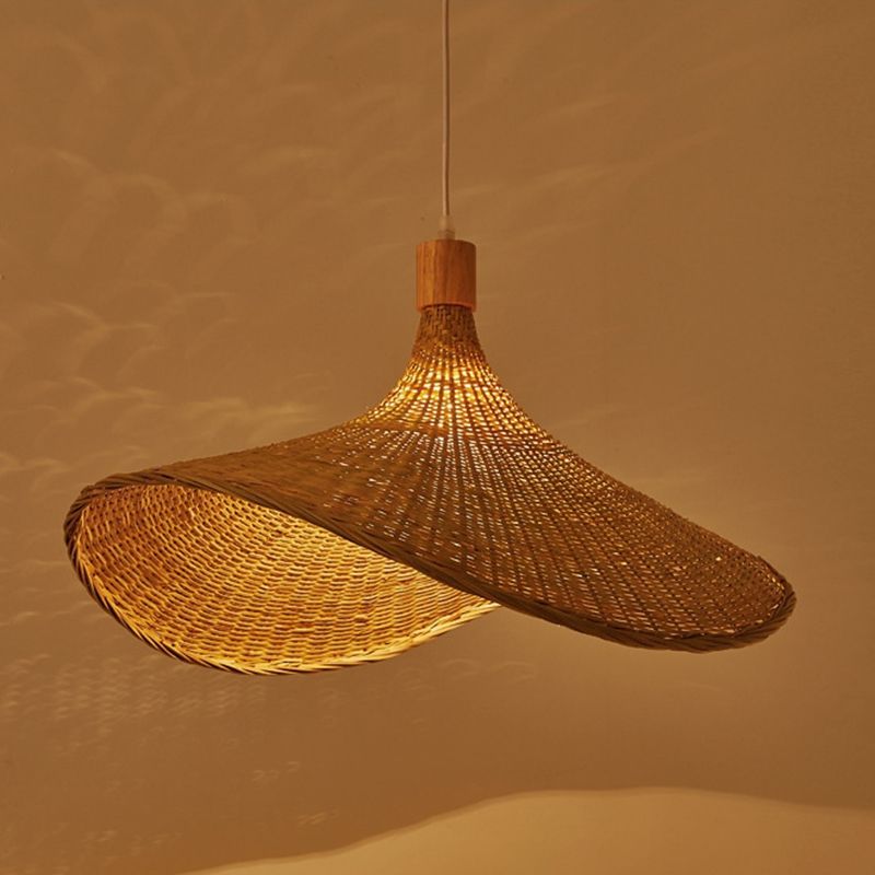 Asia Style Pendant Ceiling Light Beige Hat Hanging Pendant Light with Bamboo Shade