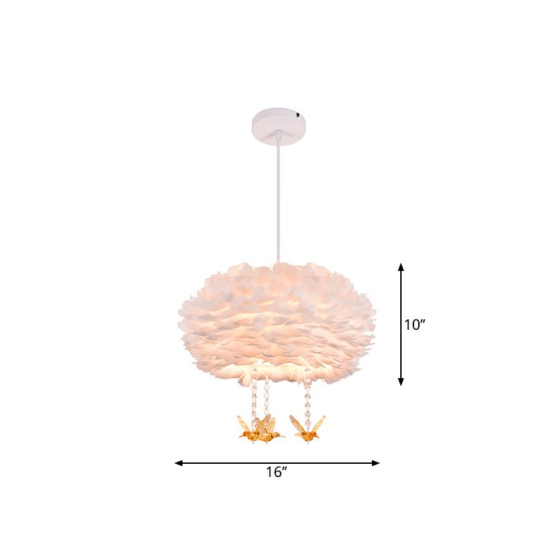 Drum Chandelier Modern Style Feather 3/4/5-Head White Pendant Light with Amber Bird Decor, 16"/19.5"/31.5" Width